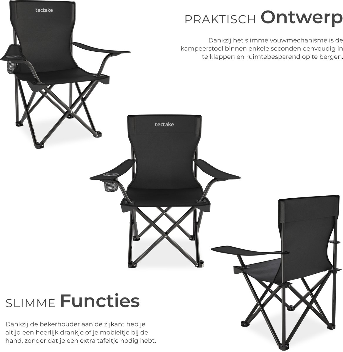 tectake® Set van 2 Campingstoelen - Klapstoel - Opvouwbare Visstoel met Armleuning en Bekerhouder - Inclusief Draagtas - Comfortabele Stoel voor Balkon, Tuin, Festival, Camping - Maximale belasting 100 kg - Afmeting (BxDxH) 80 x 48 x 84,5 cm - Zwart — cadeau in Sport & Outdoor - foto 8