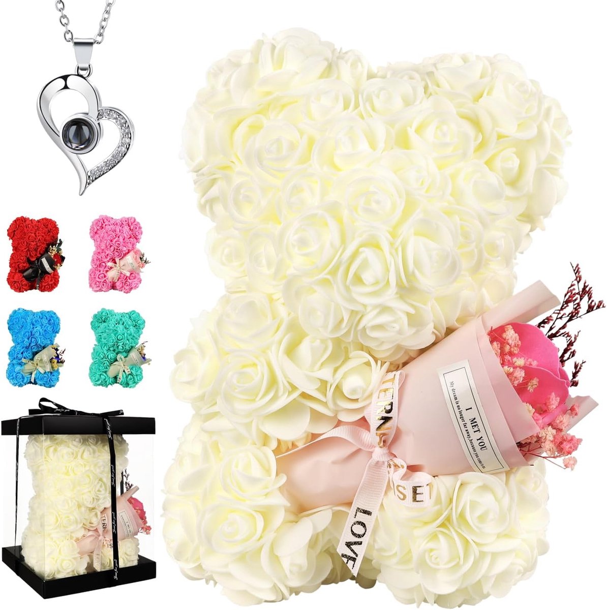 Valentijnscadeau voor haar, rozenbeer, schattige bloemenbeer, Valentijnsdag, Moederdag, bruidsdouche, met transparante geschenkdoos van 10 inch