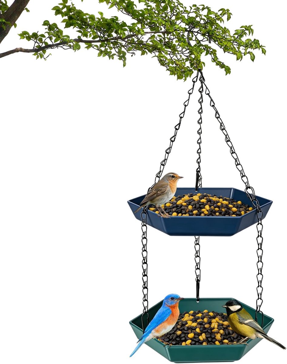 Vogelvoerhuisje om op te hangen, Hangende vogelbad, Vogelvoederdispenser in twee niveaus, voor tuin, balkon, wilde vogels