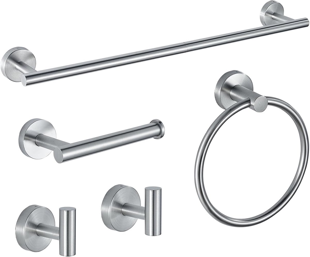 Cepillado badkamer hardware set, 5-delige SUS304 roestvrij staal 60 cm handdoekstang, toiletpapierhouder, handdoekring, badjashaak, wandmontage badkameraccessoires voor moderne badkamer