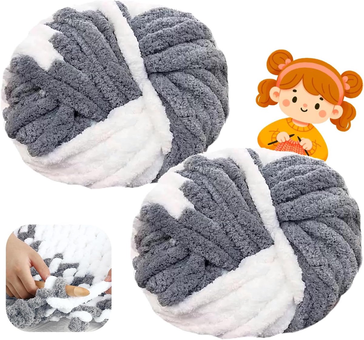 Wolgaren, 500 g (250 g x 2) ca. 54 m,XXL grof gebreid, zacht wolgaren voor breien, wol voor haken en breien, sjaalmuts (A24 grijs en wit)
