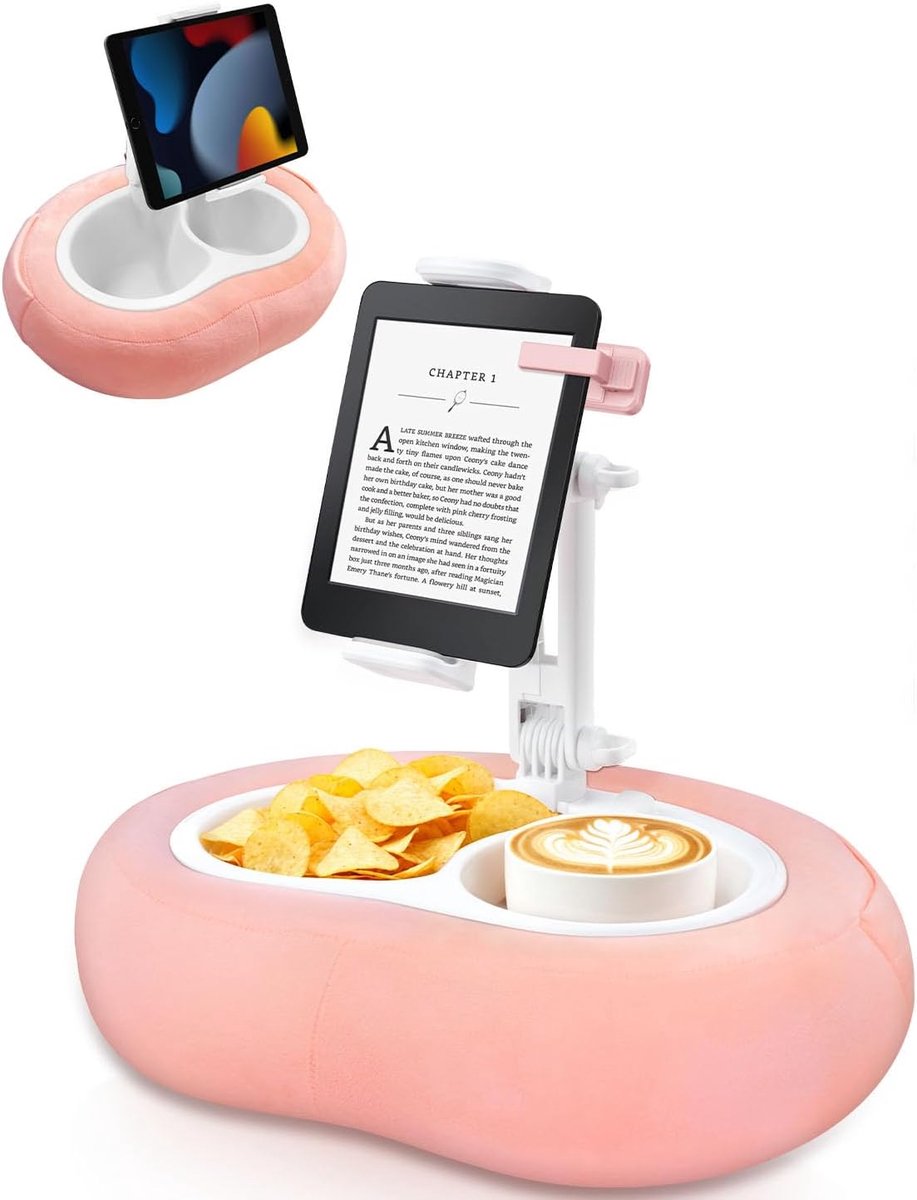 Tabletstandaard met Kussen, Kindle Kussenhouder, 360° Verstelbare Tablethouder Compatibel met 5"-12,9" Apparaten, Telefoonhouder voor Lezen in Bed, Roze