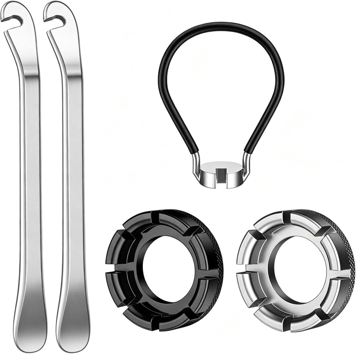 Fietsspaaksleutelset met 2 metalen bandenlichters, 2 spaakspanners met acht gaten en 1 moersleutel, universeel fietsgereedschap voor wielcentrering en bandenwissel, reparatie-accessoires
