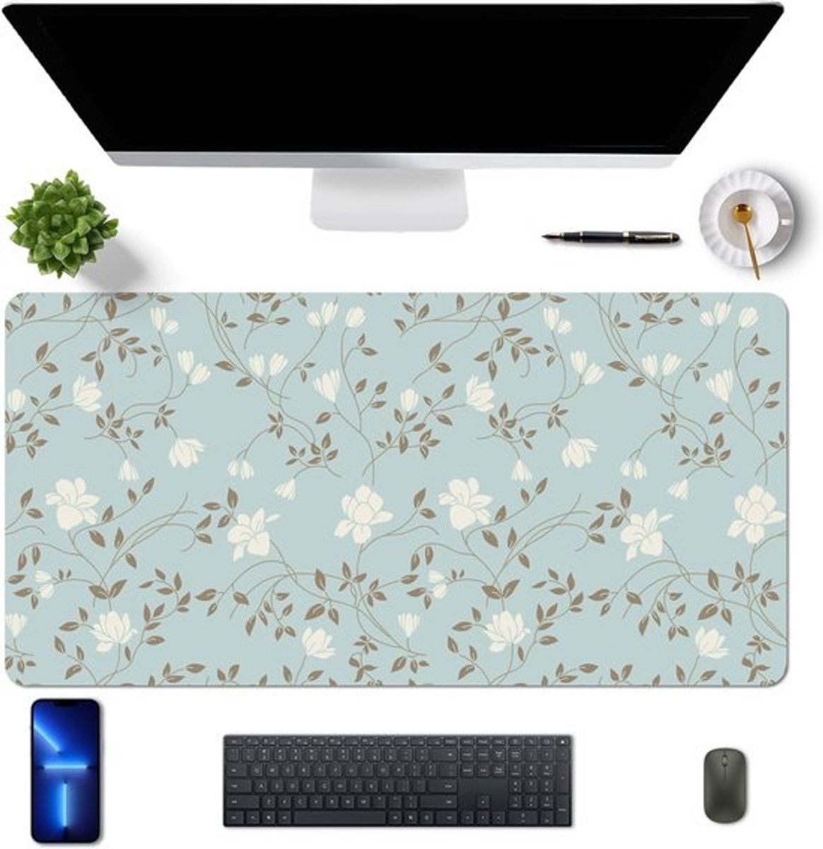 Bureauonderlegger - Bureaumat - Bureauorganisatie - Waterdicht en eenvoudig schoon te maken - 80 x 40 cm - Witte bloemen