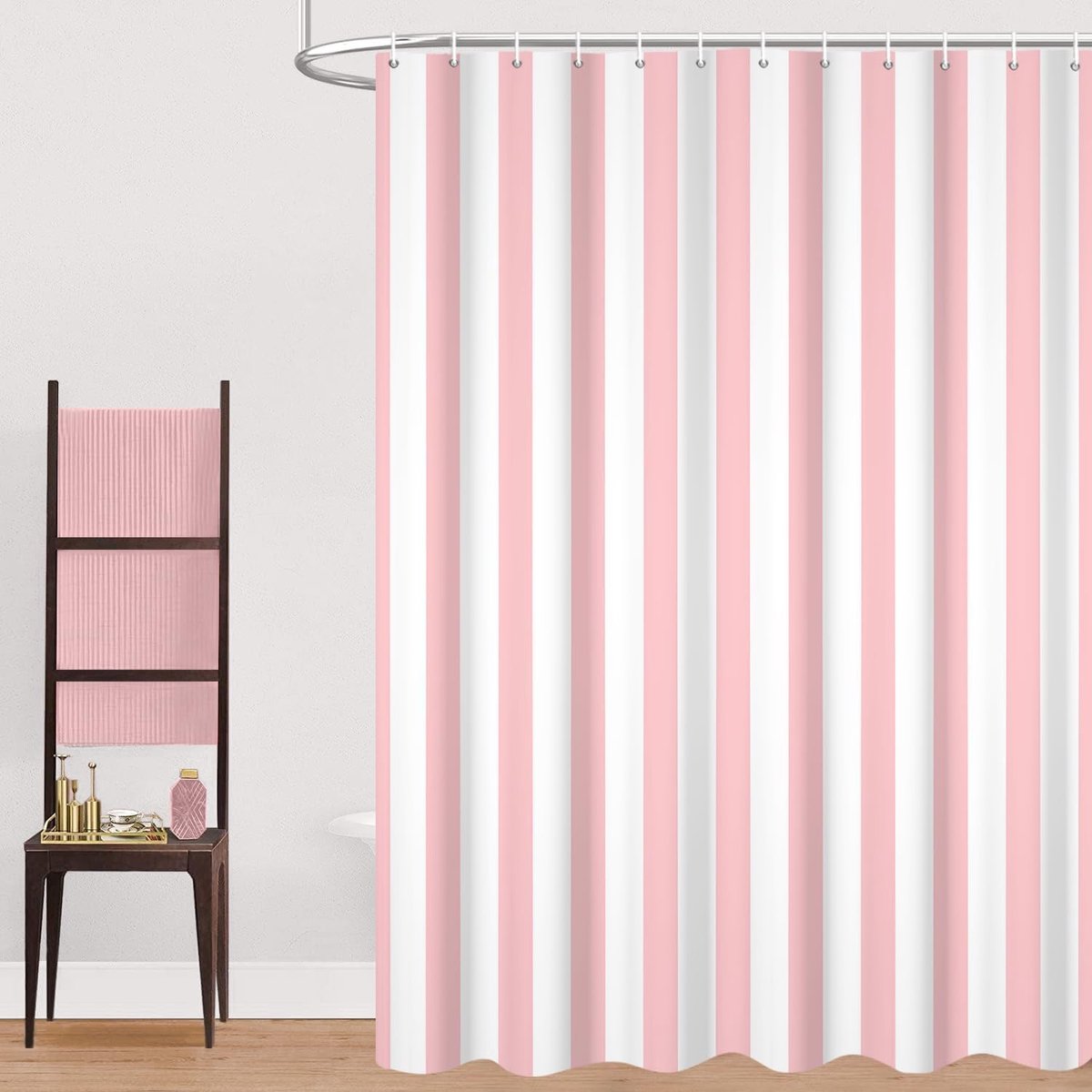 Douchegordijn, 180 x 180 cm, lichtroze en wit, modern minimalisme, verticale strepen, waterdichte stof, machinewasbaar, badkamergordijn met haken