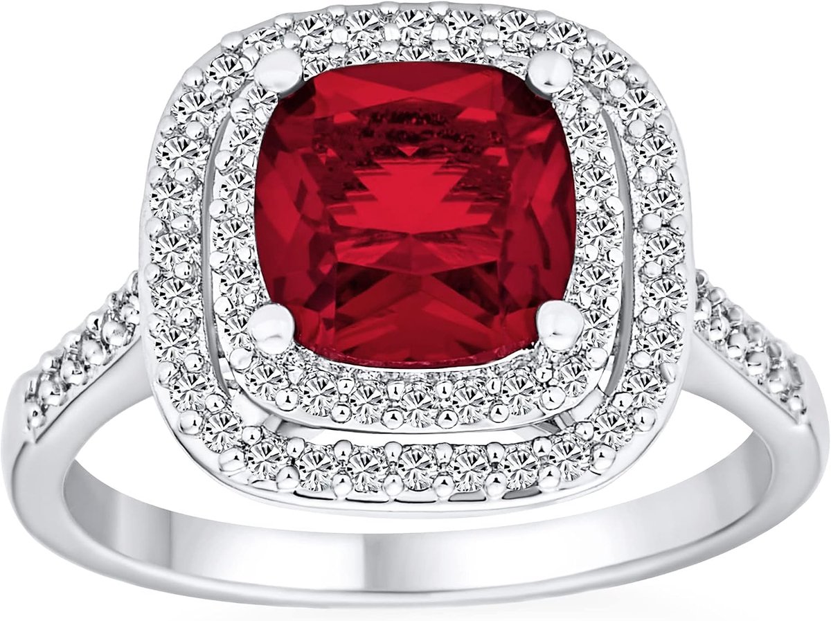 Solitaire AAA Cubic Zirconia Pave CZ 5-7CTW Kussen Emerald Cut Gesimuleerde Robijn Rood Groen Vintage Art Deco Stijl Halo Cocktail Statement Ring Voor Vrouwen Verzilverd Aanpasbaar
