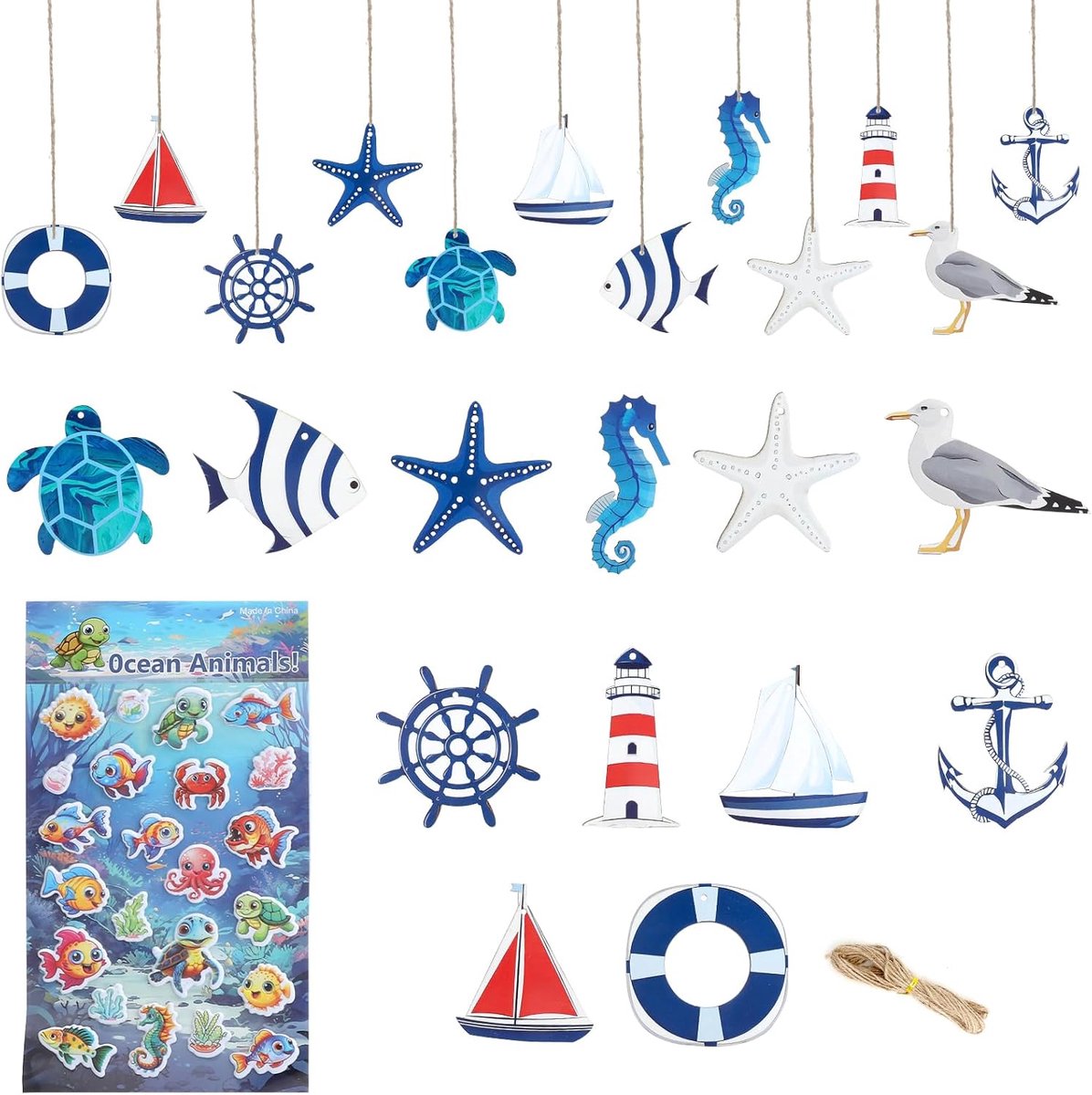 24 stuks maritieme decoratie, visnet decoratie, maritieme hangers, nautische zeilboot decoratie, schipdecoratie visnet, zeester, boot, anker, vuurtoren, vis voor wanddecoraties in kustmotief