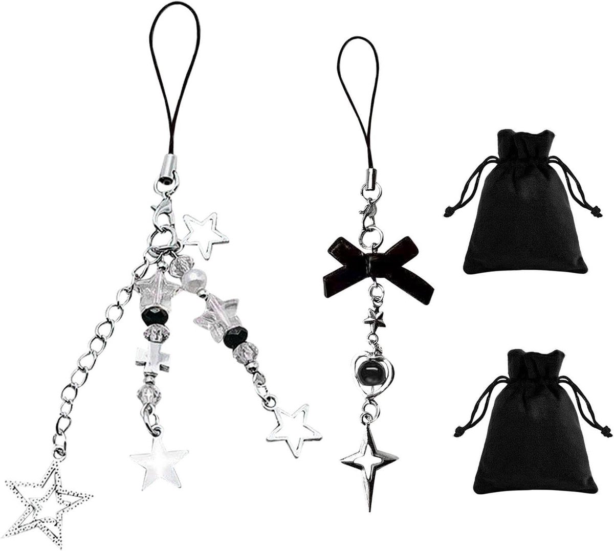 2 x telefoonketting, 2 x zwarte fluwelen tassen, telefoonhanger, Y2K-sleutelhanger, stertelefoonhanger