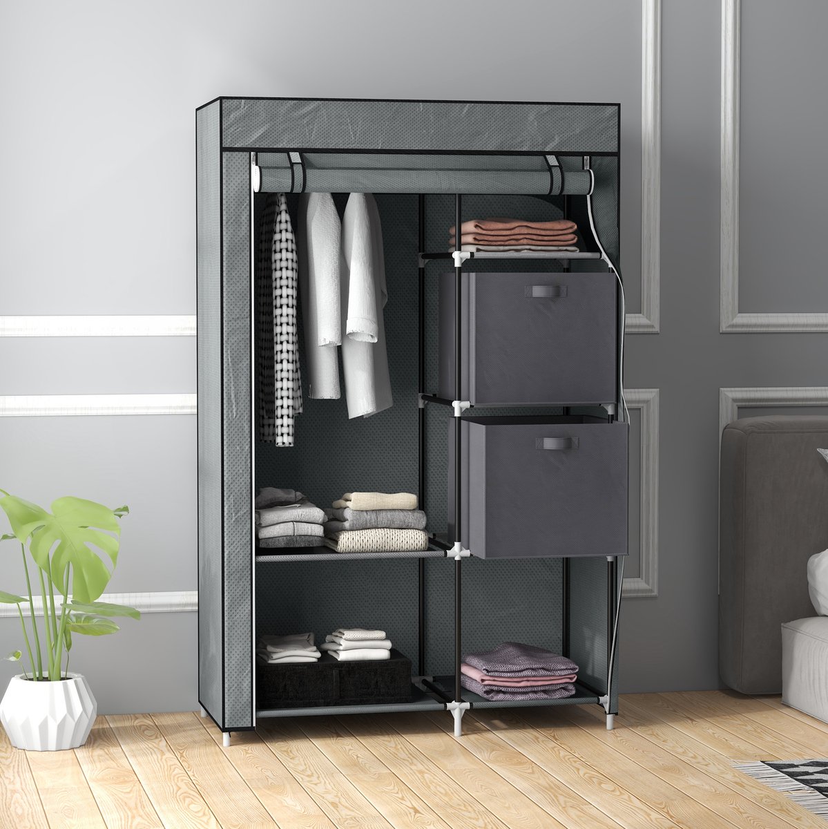 WUVRIE Opvouwbare stoffen kledingkast 102x42,5x162,5 cm - Kledingroede, 6 planken en lades - Donkergrijs