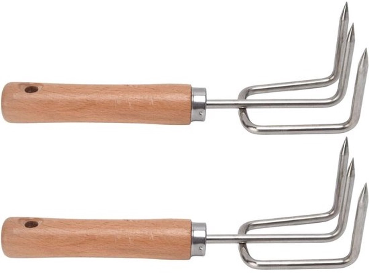 Handhark als tuingereedschap - Tuinklauw en bodemfrees - Voor bonsai­verzorging - Roestvrijstalen hark - 22 cm - Houtkleur