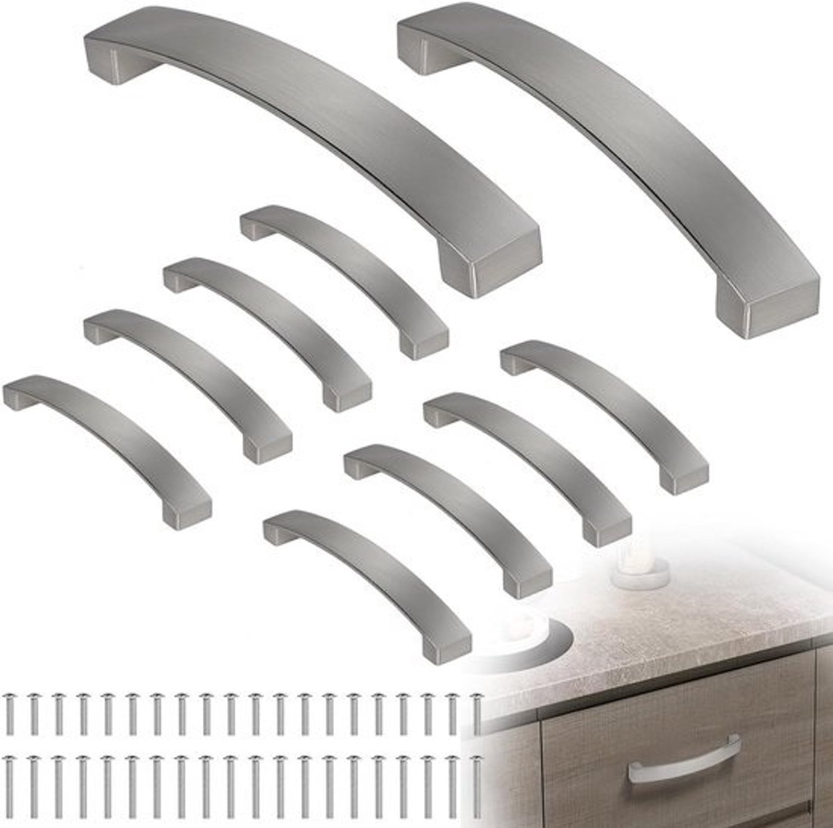 Set van 10 meubelhandgrepen - 128 mm gatafstand, ronde handgrepen met schroeven - Voor keuken, laden en kasten