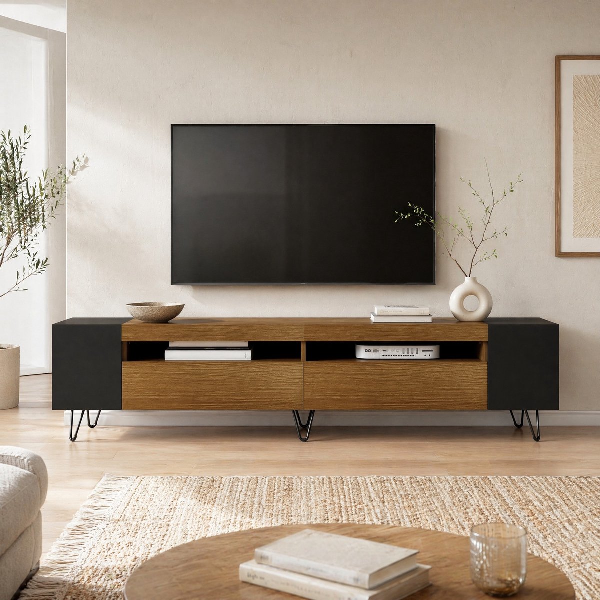 WUVRIE TV-meubel 180 x 36 x 43 cm - 2 deuren, open vakken en kabeldoorvoeren - Zwart/houtlook