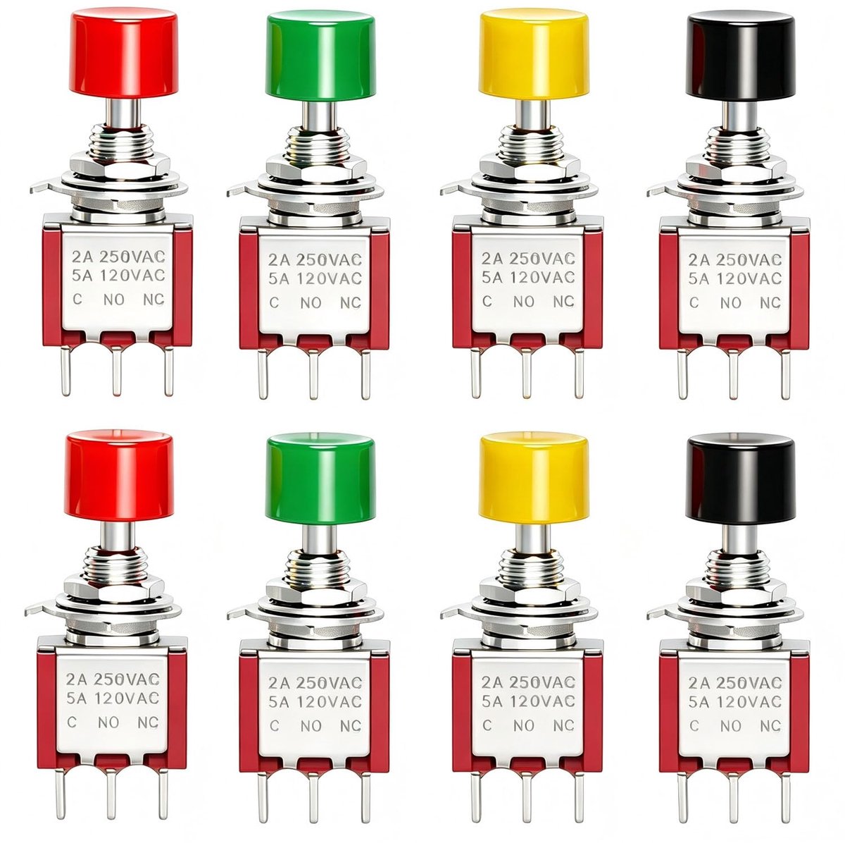 8 stuks tijdelijke drukknopschakelaar, 3 pins, mini-toetsen, AC 2 A, 250 V/5 A, 120 V, SPST NO/NC, mini-schakelaar voor doe-het-zelf (2 rood, 2 groen, 2 zwart, 2 geel)