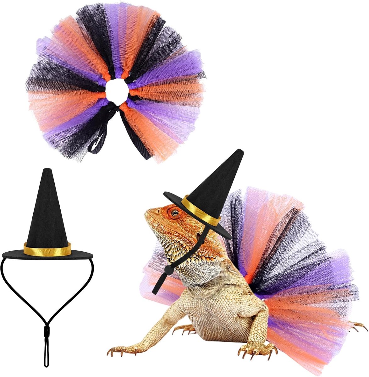 Draak Heks Kostuum Set voor Kleine Huisdieren - 2 Stuks Verstelbare Hoed en Tutu Rok - Geschikt voor Hagedissen, Cavia's, Konijnen, Fretten - Halloween Feesten - Zwart