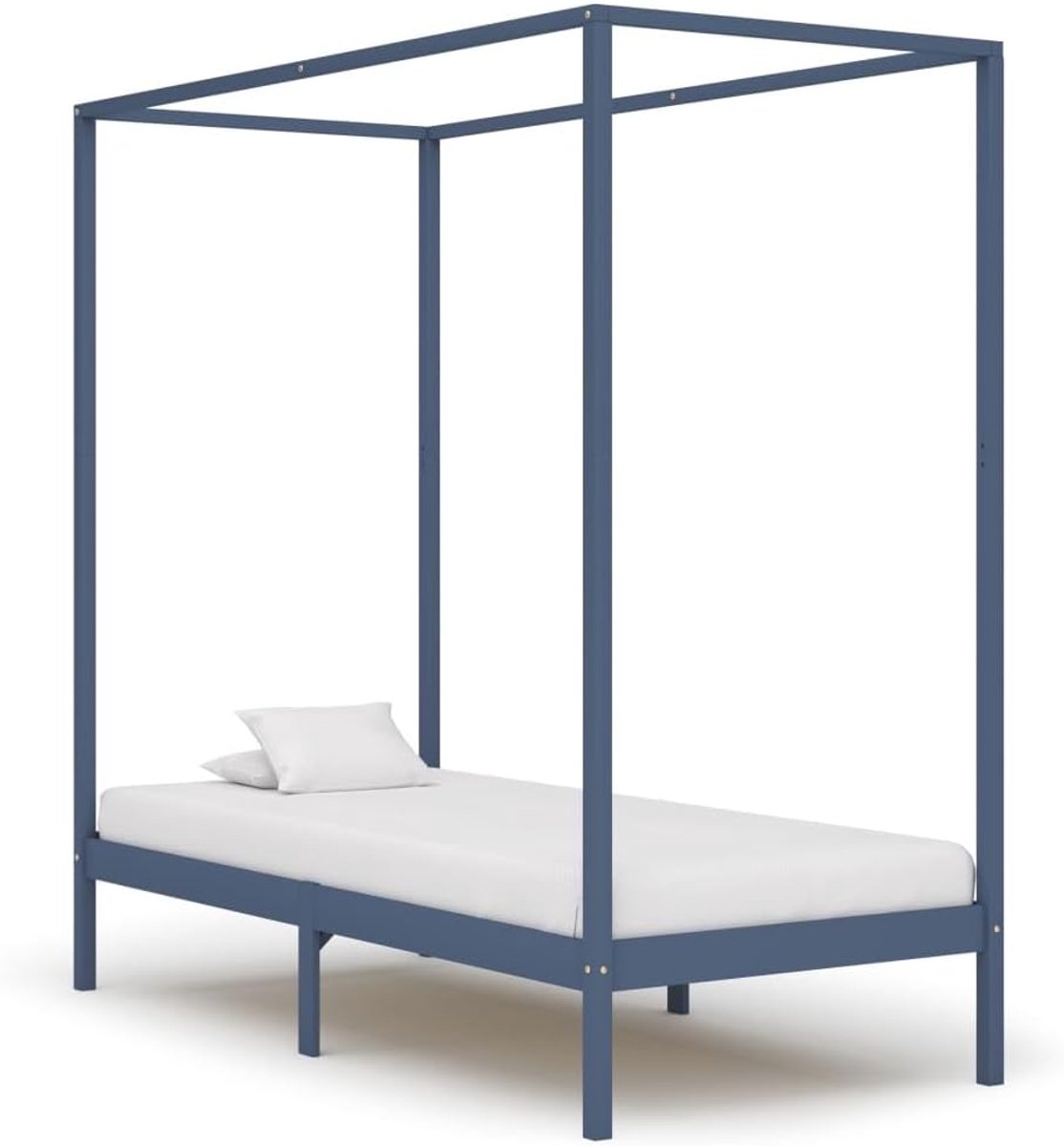 Houten hemelbed frame grijs grenen 100x200 cm met bovenframe voor gordijnen en stabiele lattenbodem
