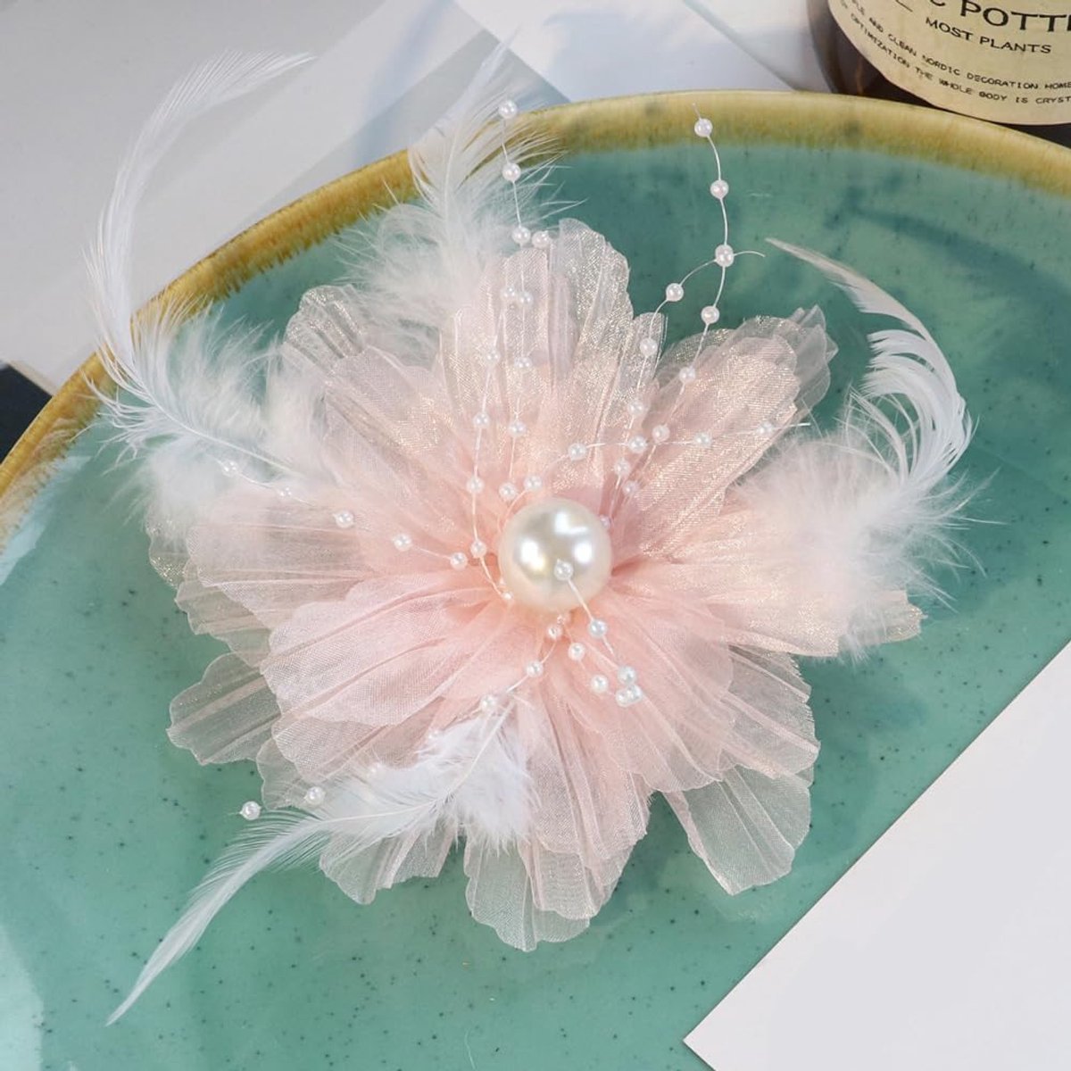 6 stuks bloemenapplicaties, parels, veren, organza bloemen, stoffen patches, bloemen, borduurwerk, decoratieve patches voor doe-het-zelf handwerk, haaraccessoires, kledingdecoratie, roze
