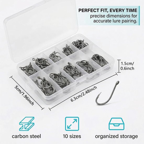 Ringen voor vishaken, 100 stuks koolstofstalen haken in 10 maten 3-12, met kunststof doos, zilver, stekelhaken met oog - ShopVlot — afbeelding 4