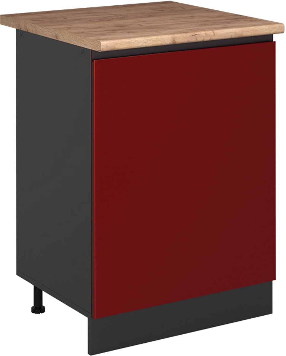 Vicco Keukenonderkast R-Line, Rood/Antraciet, 60 cm met 1 deur goudkleurig eiken werkblad