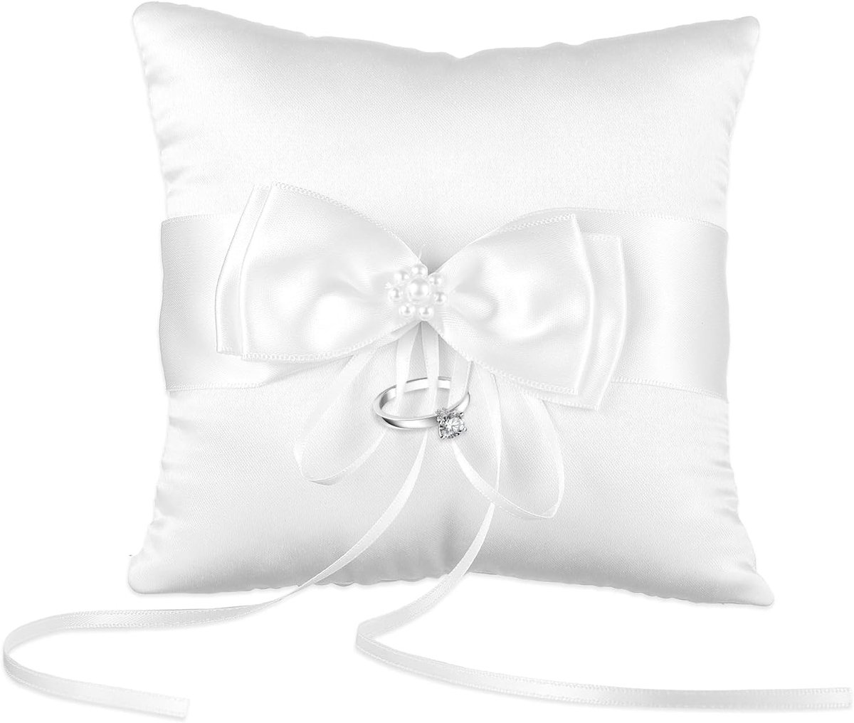 Elegante Ringkussen met Mooie Strik en Simulatieparel, Perfect Cadeau voor Bruiloft of Verloving