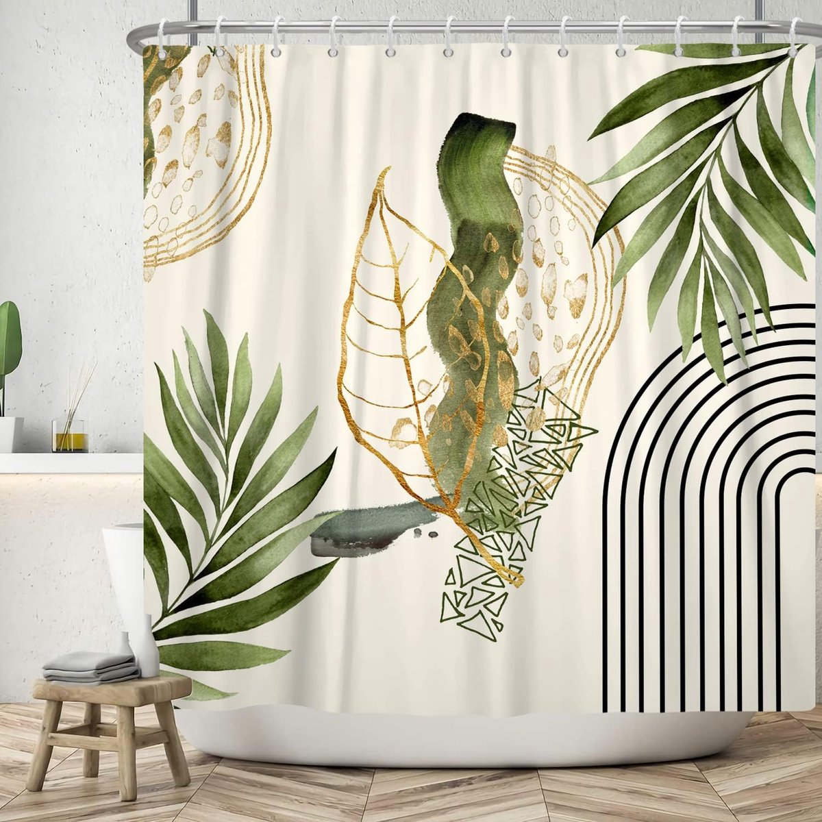 Bladeren Douchegordijn 180x200 cm, Modern Abstracte Kunst Boho Stijl Goud Groene Bladeren Lijn Bad Wasbaar Douchegordijnen Polyester Textiel Waterdicht Badgordijn voor Badkuip met 12 Haken