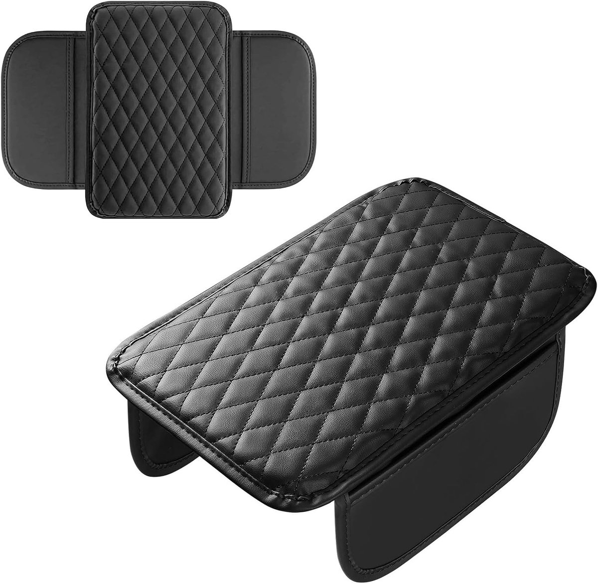SnelShoppen - Car Armrest Cushion Zwart | Luxe Leren Auto Armsteun Kussen met Geheugenfoam | Multifunctionele Auto Accessoire met 2 Opbergvakken | Uni