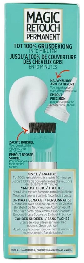 Magic Retouch Permanent met precisie applicator en borstelkop. Voor snelle en makkelijke dekking van grijs haar.