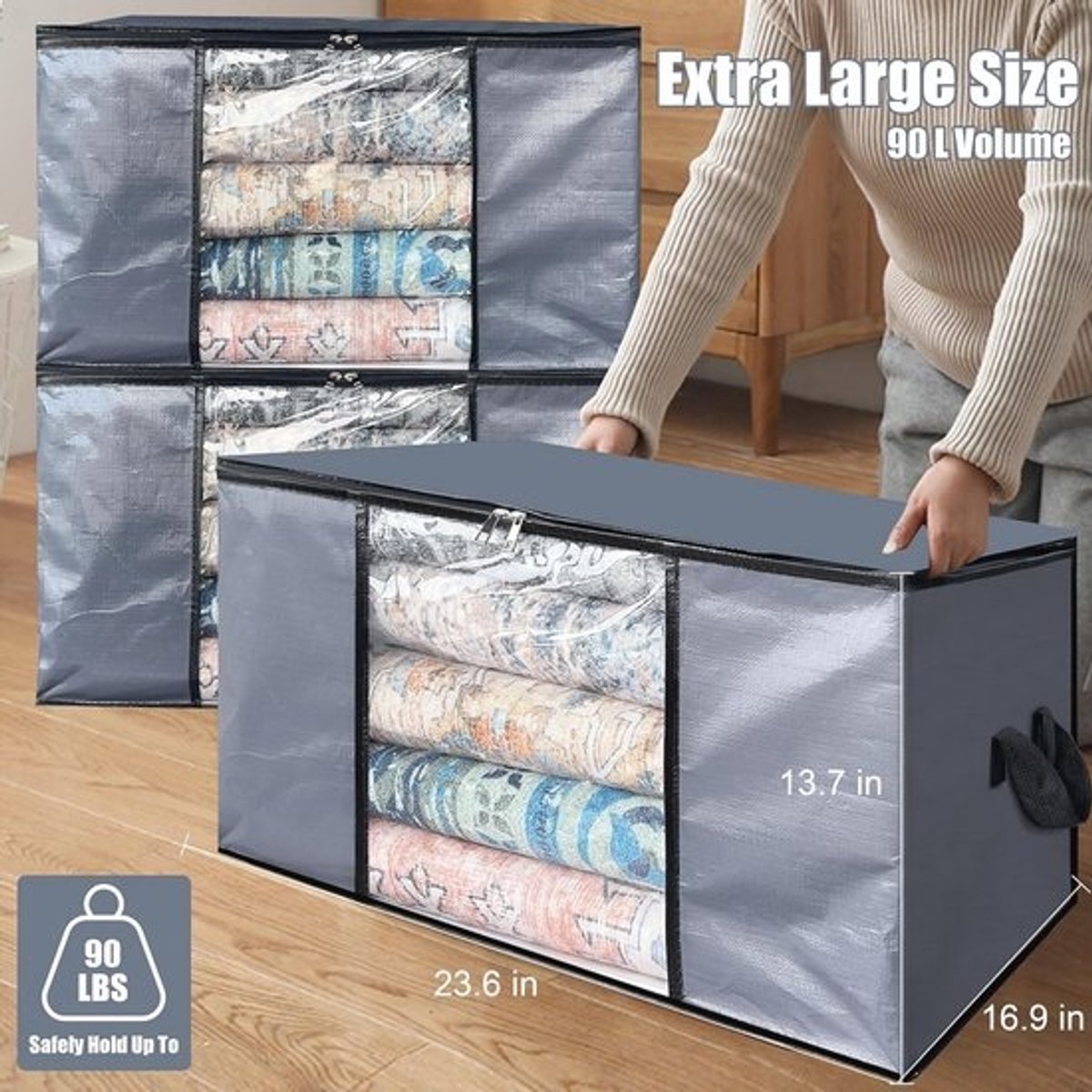 Duurzame 90L opbergzakken voor kleding en dekens - inklapbaar met rits, 6 stuks
