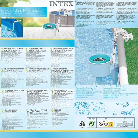 Verpakking van de Intex Deluxe oppervlakte skimmer, met afbeeldingen van de skimmer, de montage en een zwembad.