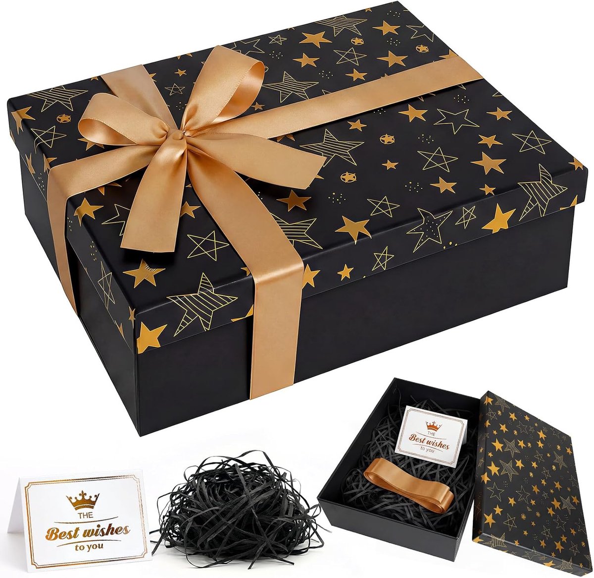 Samlior Geschenkdoos 25 x 18 x 8,5 cm, geschenkdoos met deksel, opvouwbare geschenkdozen met wenskaart, raffiabast en - ShopVlot