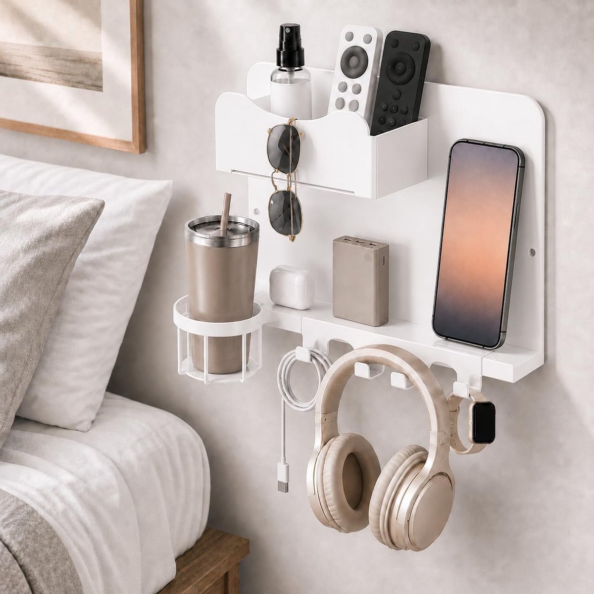 Wandorganizer van metaal, bedplank zonder boren of met schroeven, met bekerhouder en haken, wandrek voor slaapkamer, hoogslaper, stapelbed en kleine ruimtes, wit