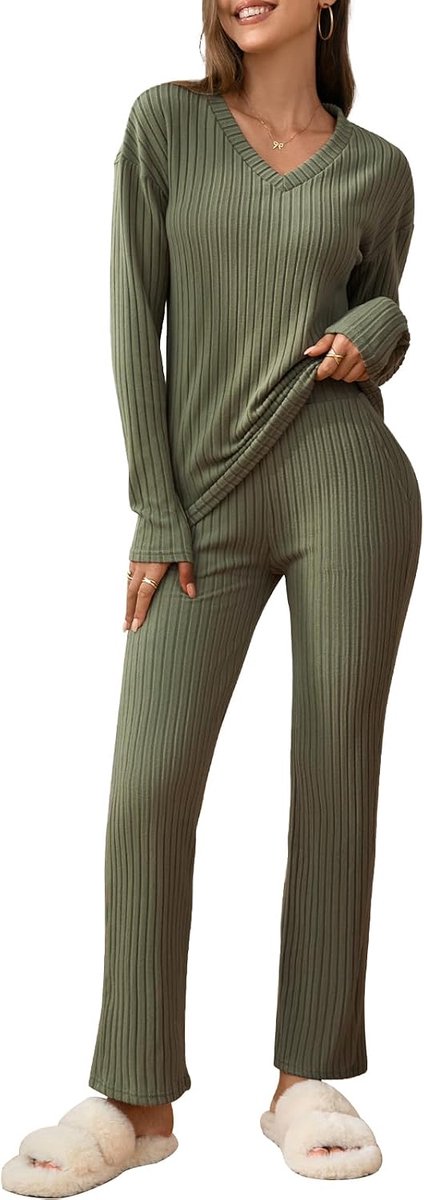Geribbeld, 2-delig, loungewear, V-hals, lange mouwen, wijde