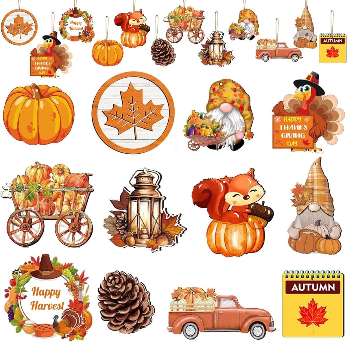 24 stuks decoratieve hangers herfst hout, herfstdecoratie om op te hangen, herfstdecoratie voor ramen, kabouterhanger, kabouterboom, houten esdoornblad-hanger, voor Thanksgiving, Halloween, kalkoen