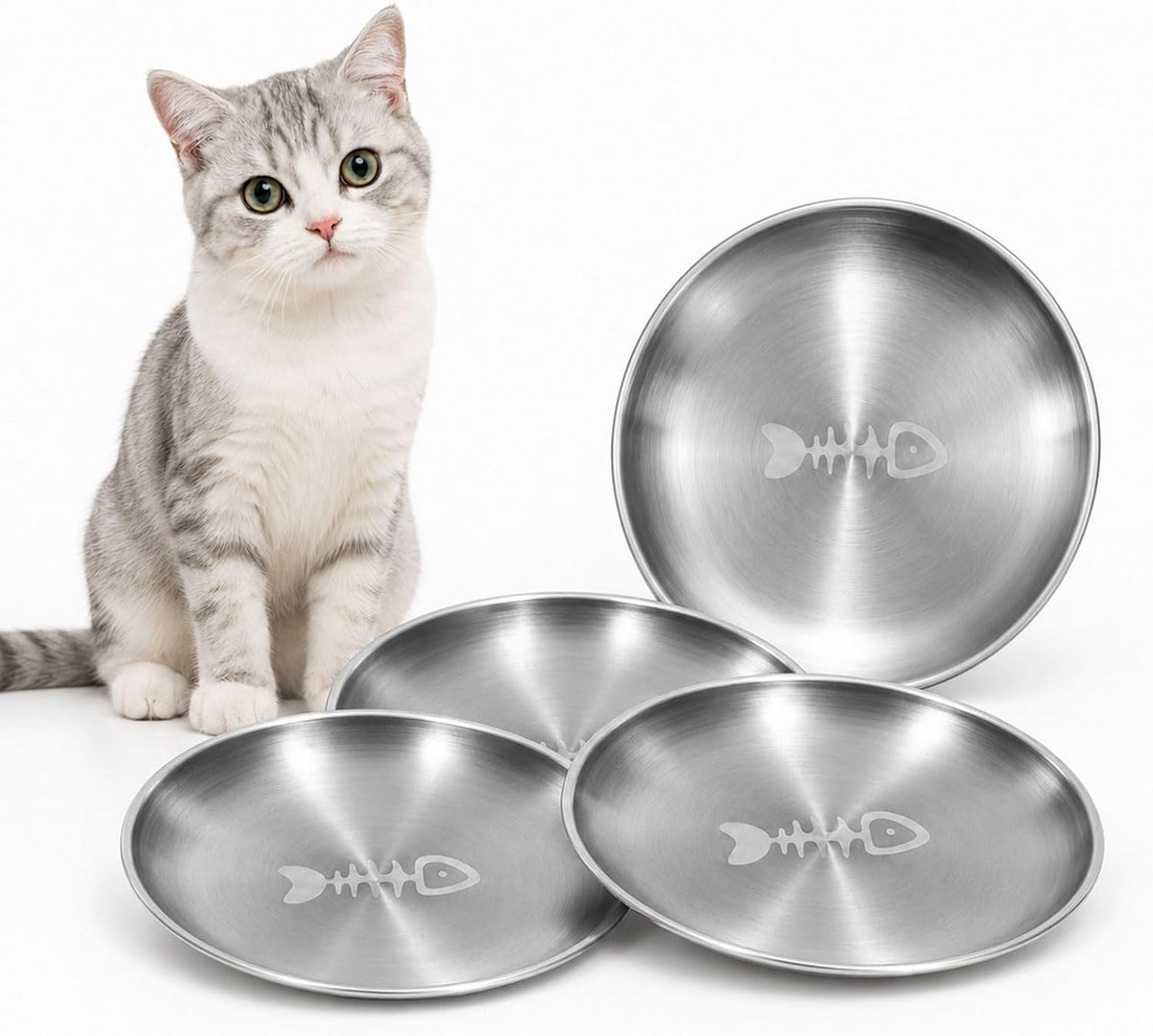 4 stuks roestvrijstalen kattenbakjes, plat, breed, snorhaarvriendelijk, voer en water, eenvoudige voerbakjes voor meerdere katten en kittens