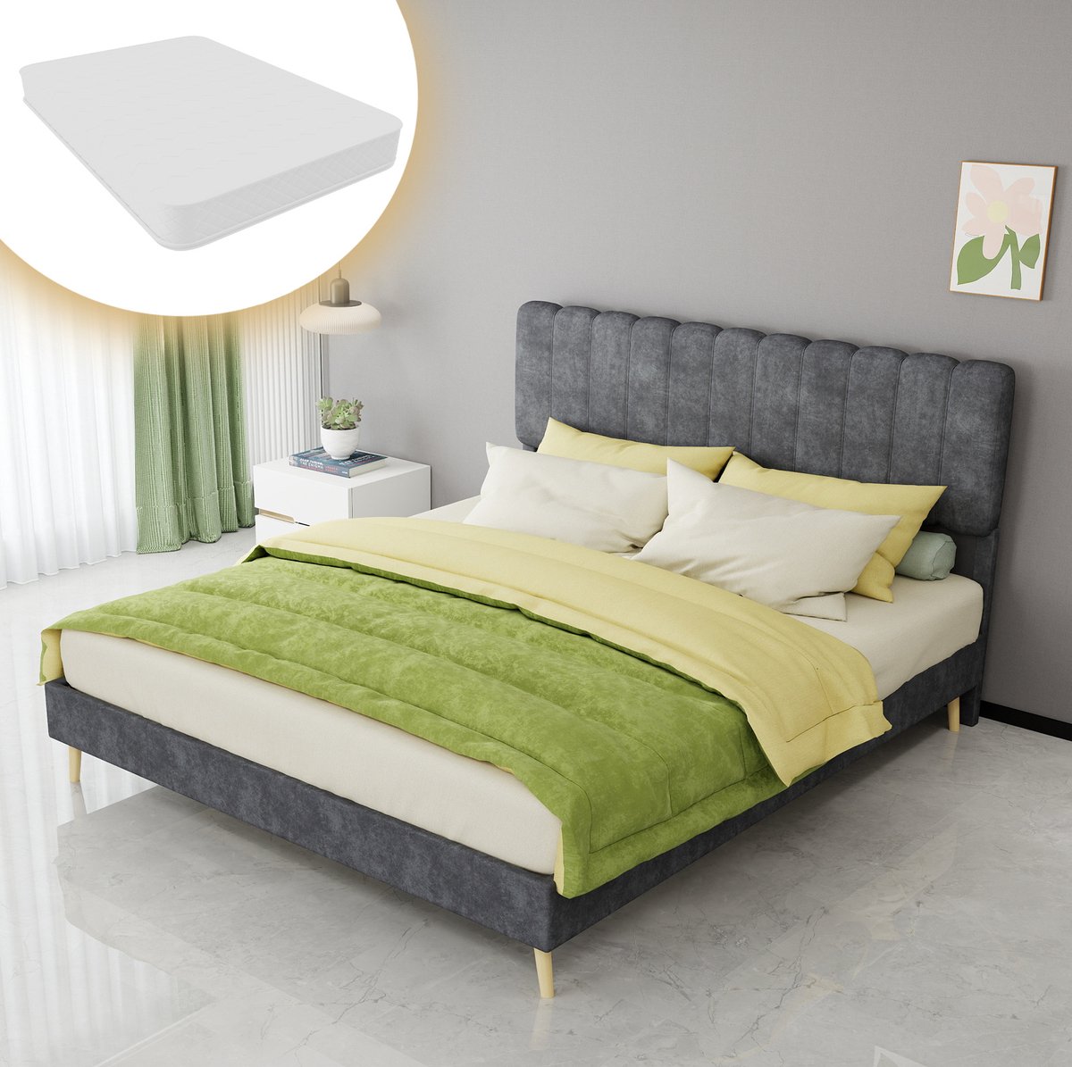 REDOM Bedframe - Gestoffeerd hoofdbord - Lattenbodem - Inclusief matras - Moderne stijl - Slaapkamer - Stof en metaal - Grijs - 160 x 200 cm