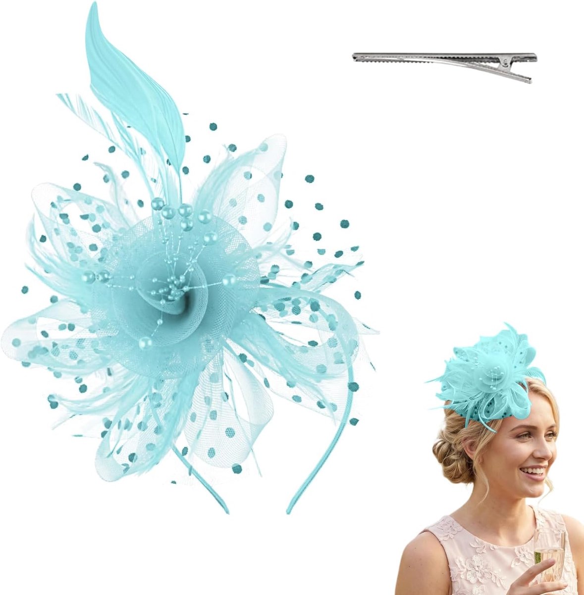 Fascinator met bloem, gaaslint en clip – Elegante fascinator voor bruiloften, haaraccessoire voor dames