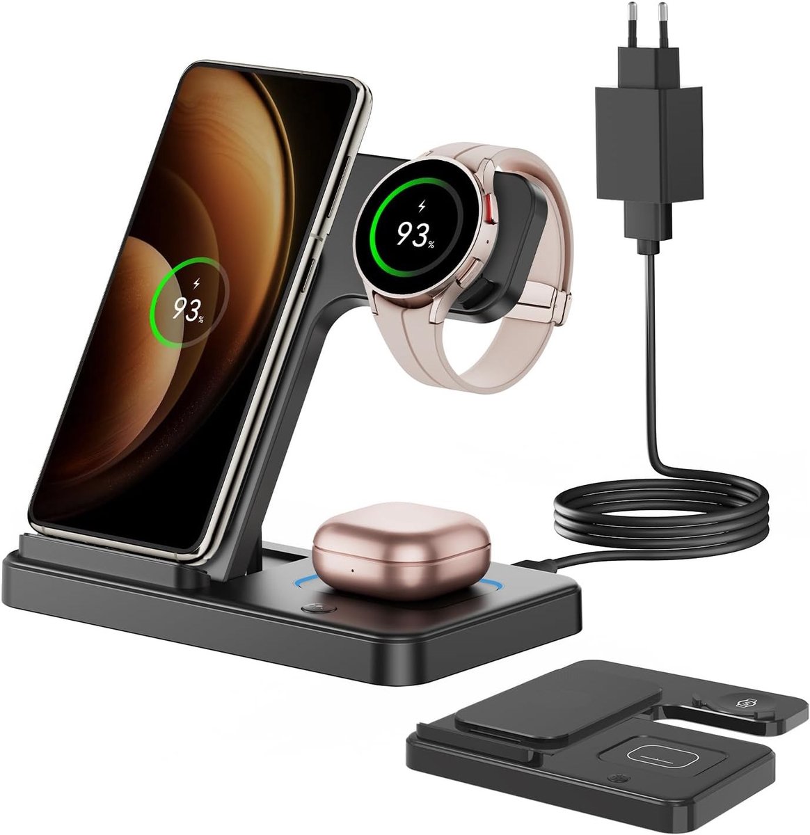 Draadloos Oplaadstation 3-in-1 voor Samsung Galaxy S25/S24/S23/S22/S21, Geschikt voor Galaxy Watch en Galaxy Buds, Vouwbaar en Compact Design
