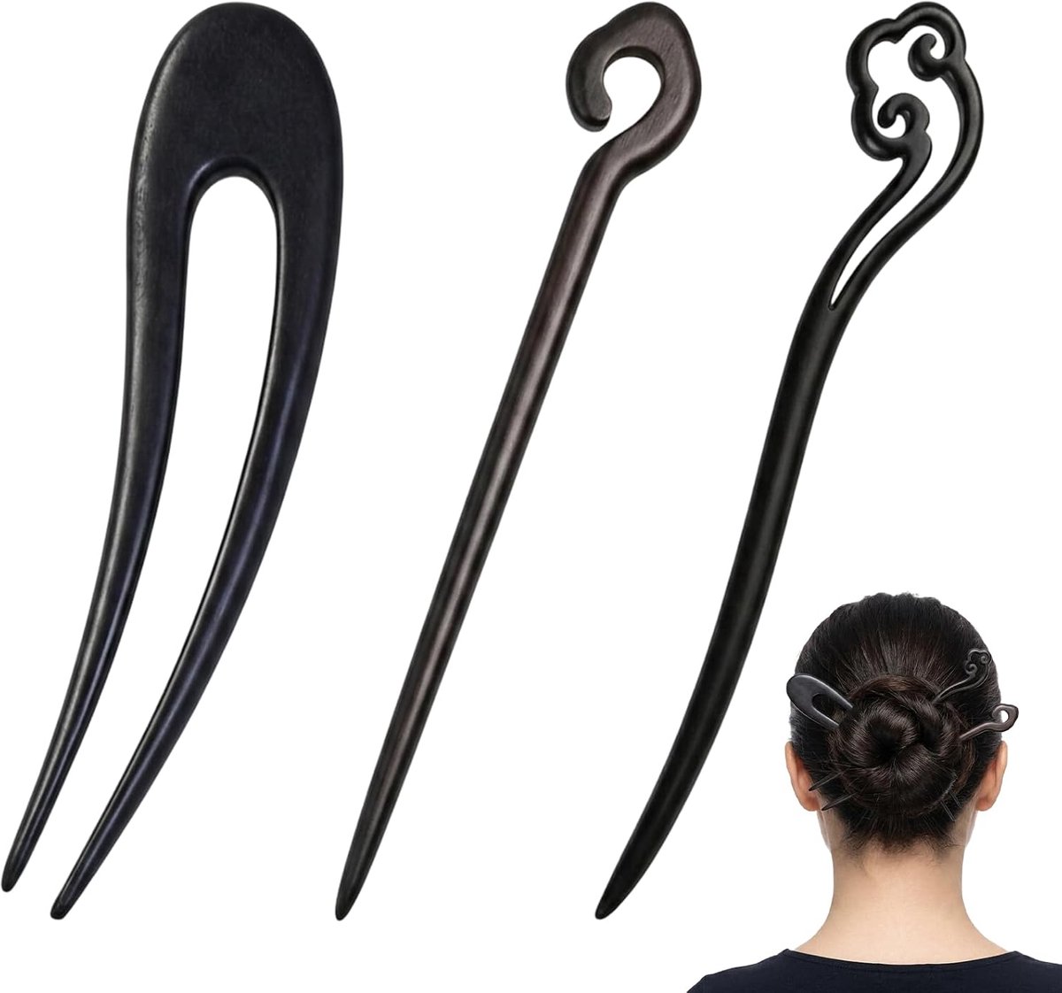 3 stuks houten haarstaaf, 2 haarstokjes en 1 U-vormige haarspelden (haarspeld Japanse / Franse pin) voor knot en opgestoken kapsels