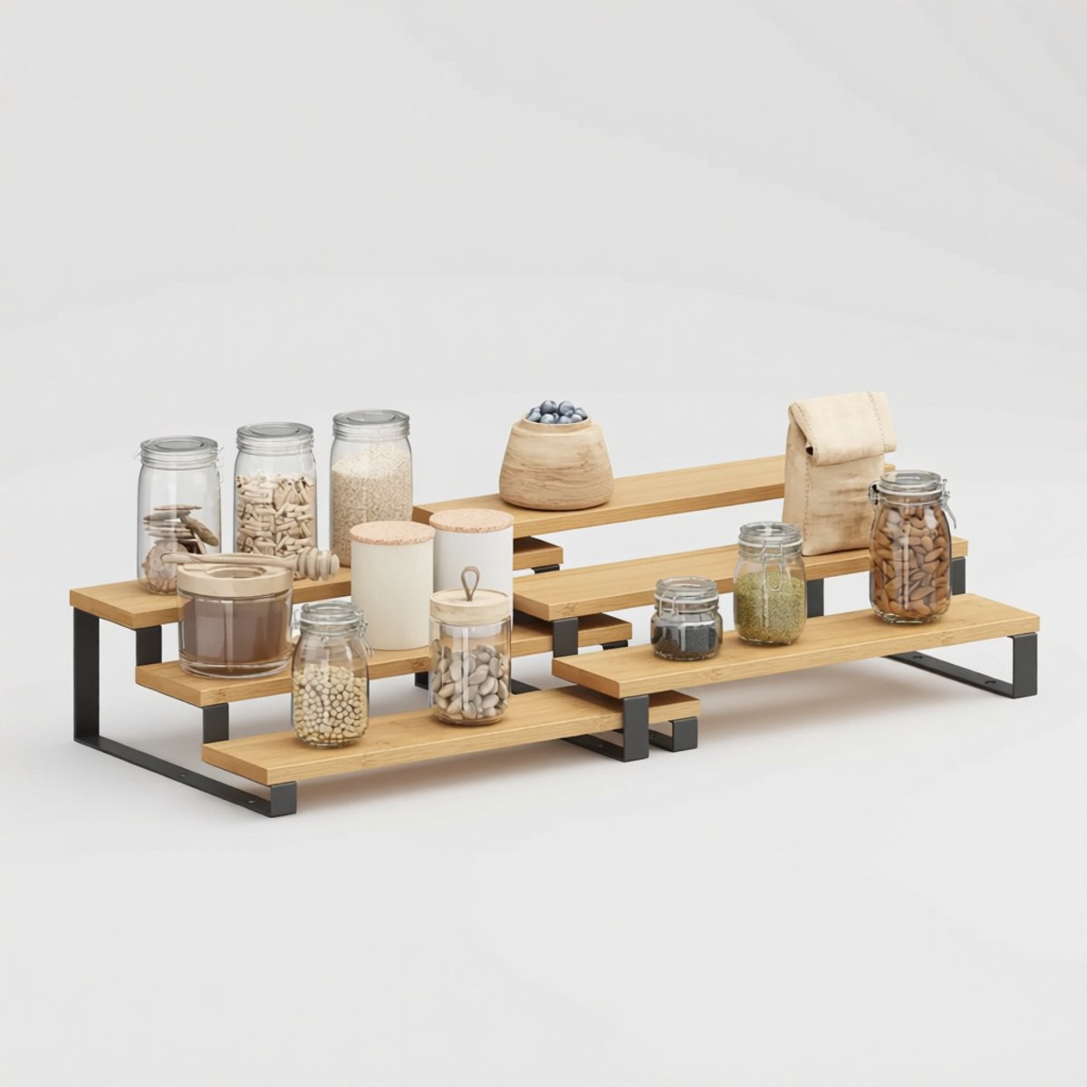 ZOQENX Houten Keuken Opbergrek 3-laags Trapsgewijs Kruidenrek Set van 2 – Licht Hout en Zwart Metaal – Stapelbaar – 18 kg per Stuk
