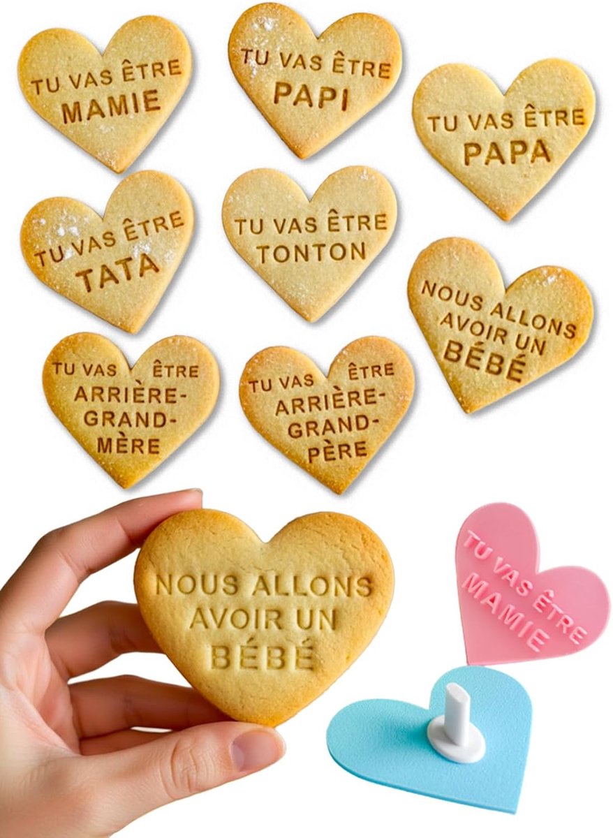 JoliCoon Pregnancy Announcement Set, 1 Cookie Cutter for Home 7.5 x 6.5 cm and 8 Cookie Pads from PLA, Messages for - ShopVlot