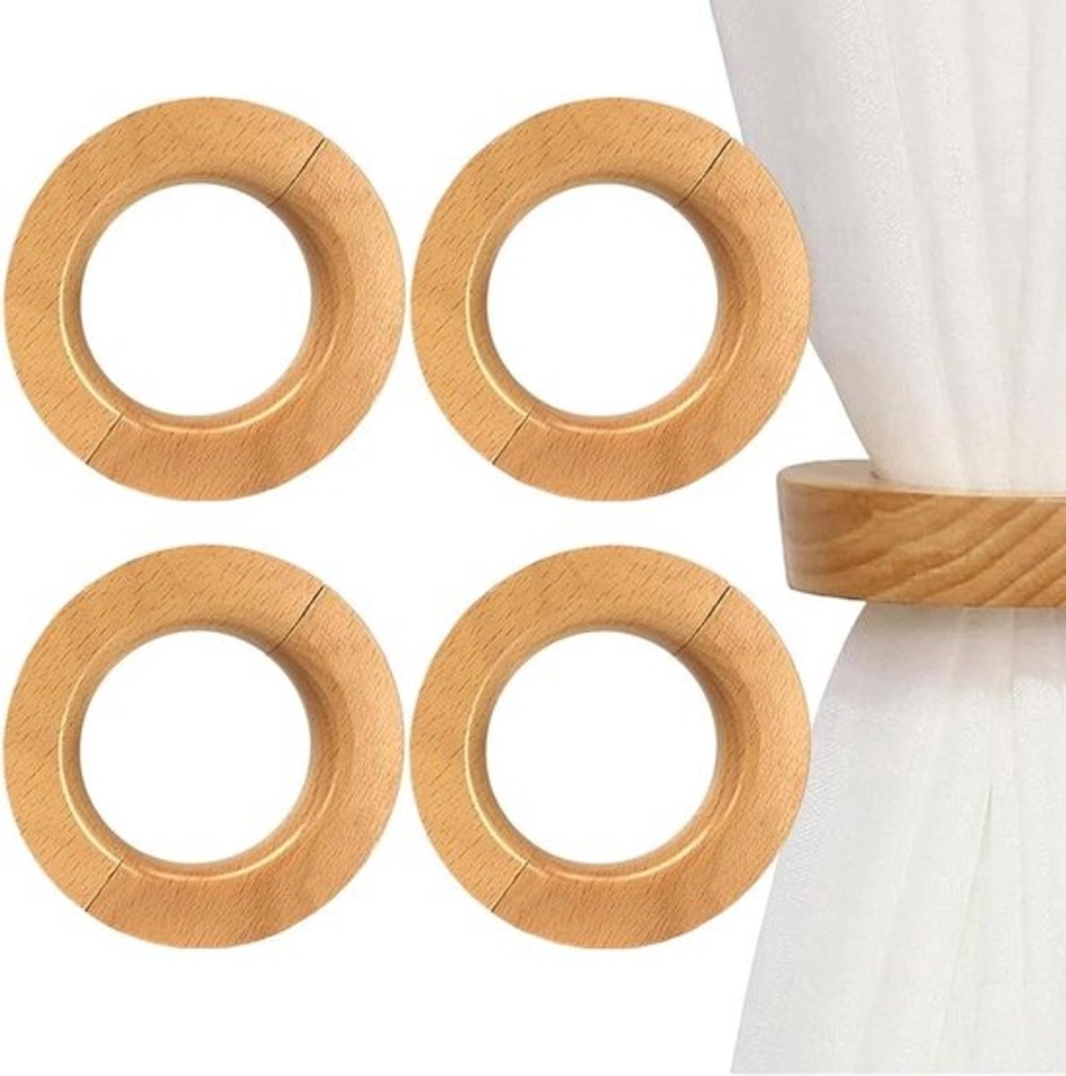 Magnetische gordijnhouders - Houten gordijnhaken - Voor gordijnen fixeren - Boorvrij ontwerp - 22 x 11 cm - Houtkleur