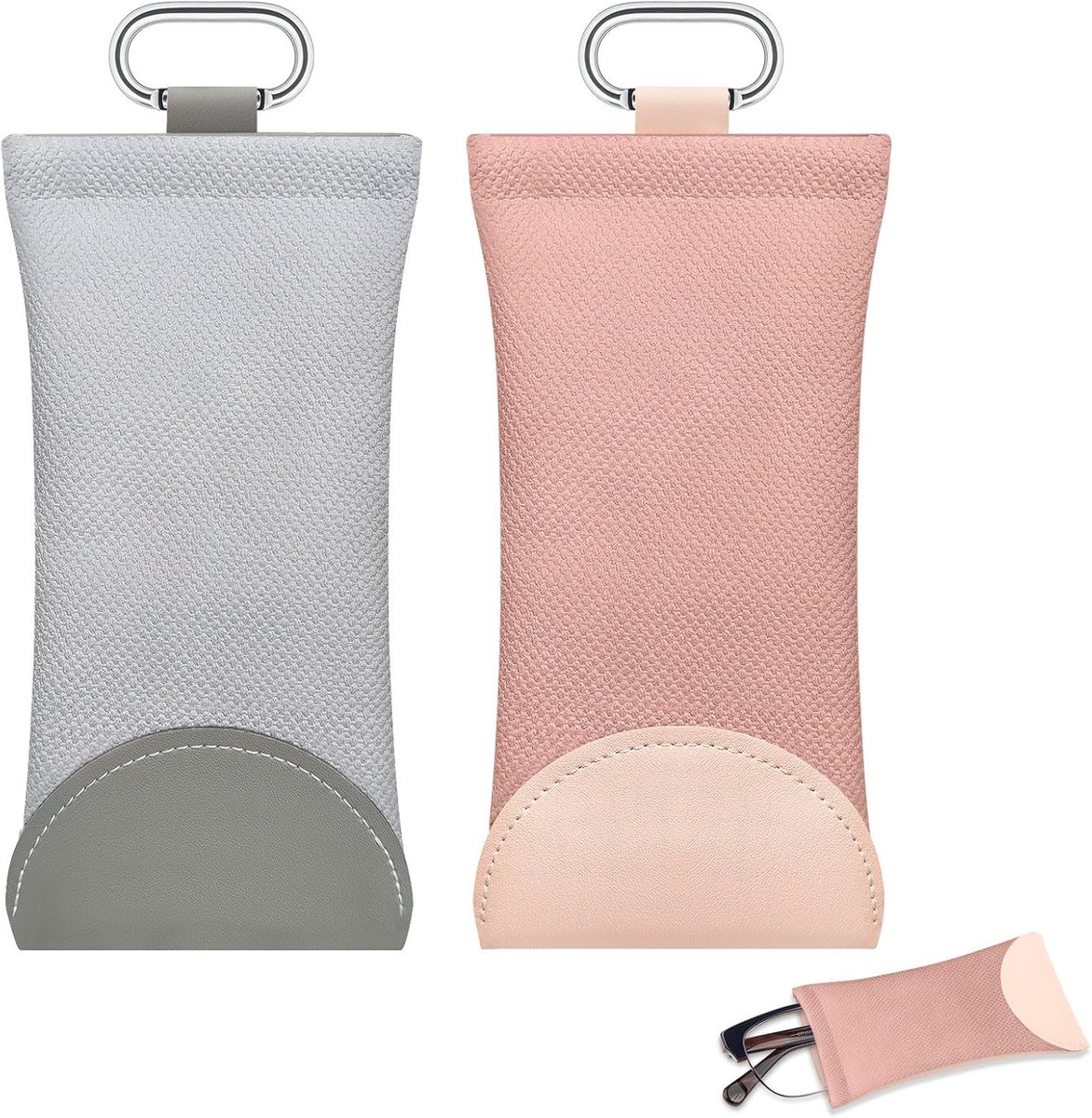 2 Pack Self Closing Glasses Case with 2 Carabiners, Slim Soft Leather Glasses Case, Portable Travel Sunglasses - ShopVlot