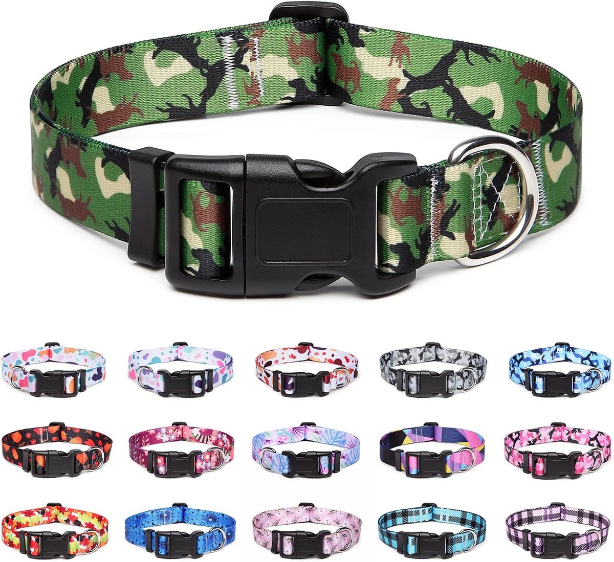 SnelShoppen - Verstelbare Hondenhalsband - Zachte Nylon Hondenhalsband voor Kleine, Middelgrote en Grote Honden, Puppy’s en Katten - Camo Groen - Comf