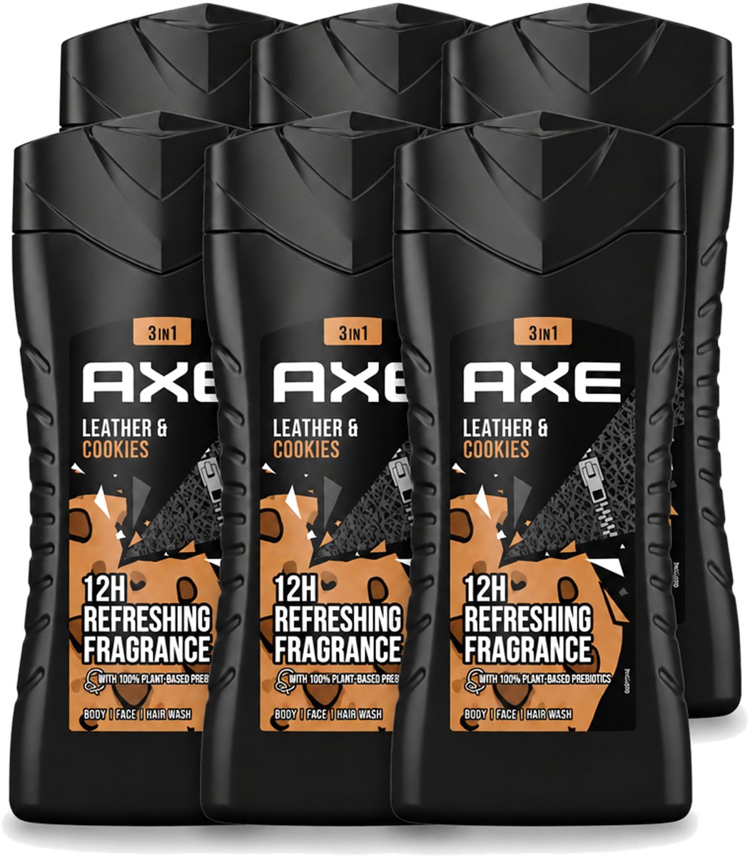 6 x Axe - 3-in-1 Douchegel - Leather & Cookies - 100% Plantaardig - 250 ml - Voordeelverpakking - 6 stuks