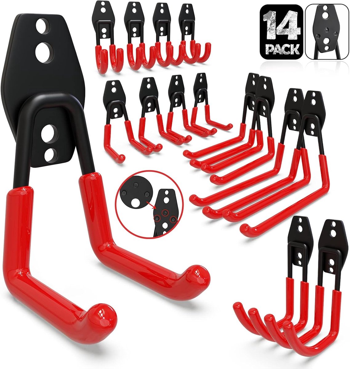 SnelShoppen - 14 Stuks Zware Wandhaken Garage Haken - Dubbele Haken - Meerdere Maten - Ideaal voor Ladder, Fiets en Tuin - Rood