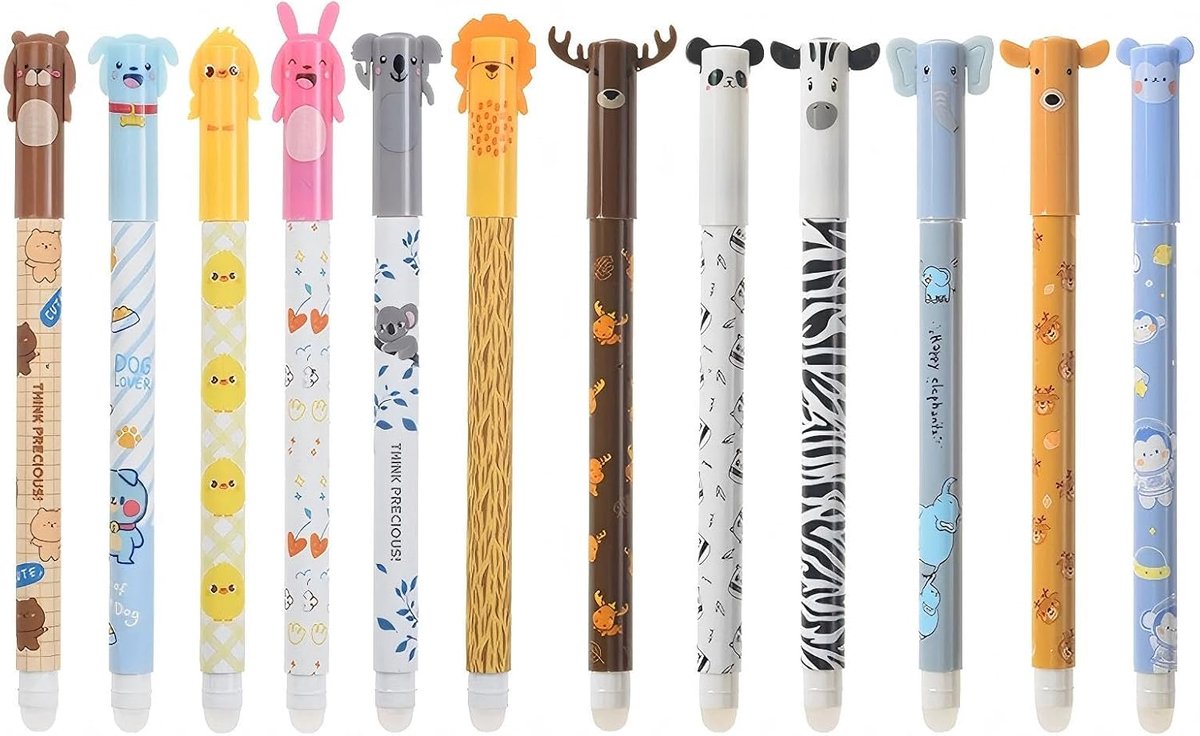 SnelShoppen - 12 Stuks Erasable Gelpennen met Thermosensitieve Guminkt, 0.5 mm Punt, Schattige Dieren Motieven, Blauw, Perfect voor School en Werk