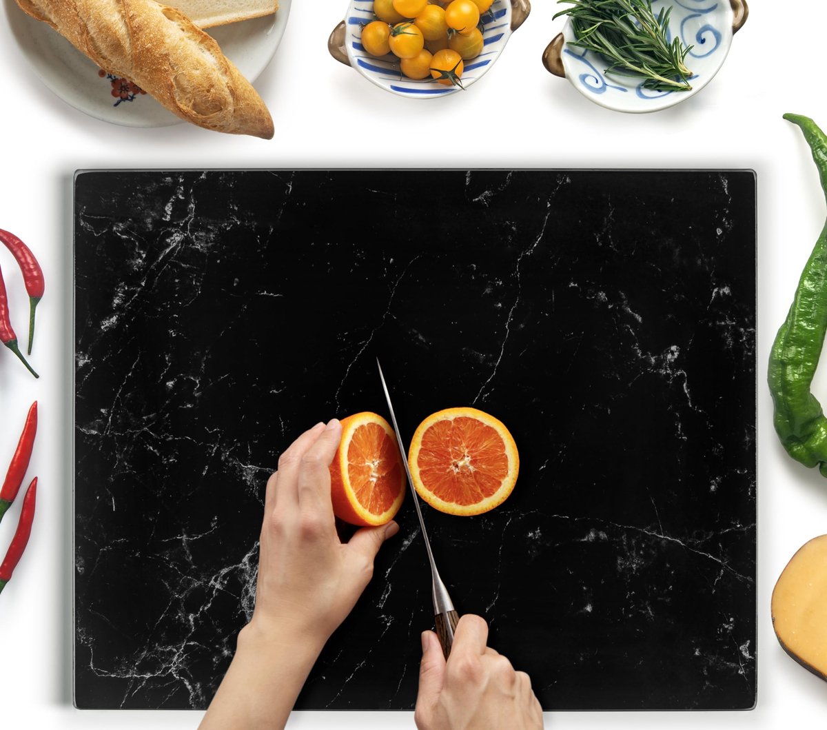SnelShoppen - Glazen Snijplank 50x40 cm – Breukbestendig, Antislip & Hittebestendig – Zwarte Marmerlook Voor Keuken, Feest & BBQ