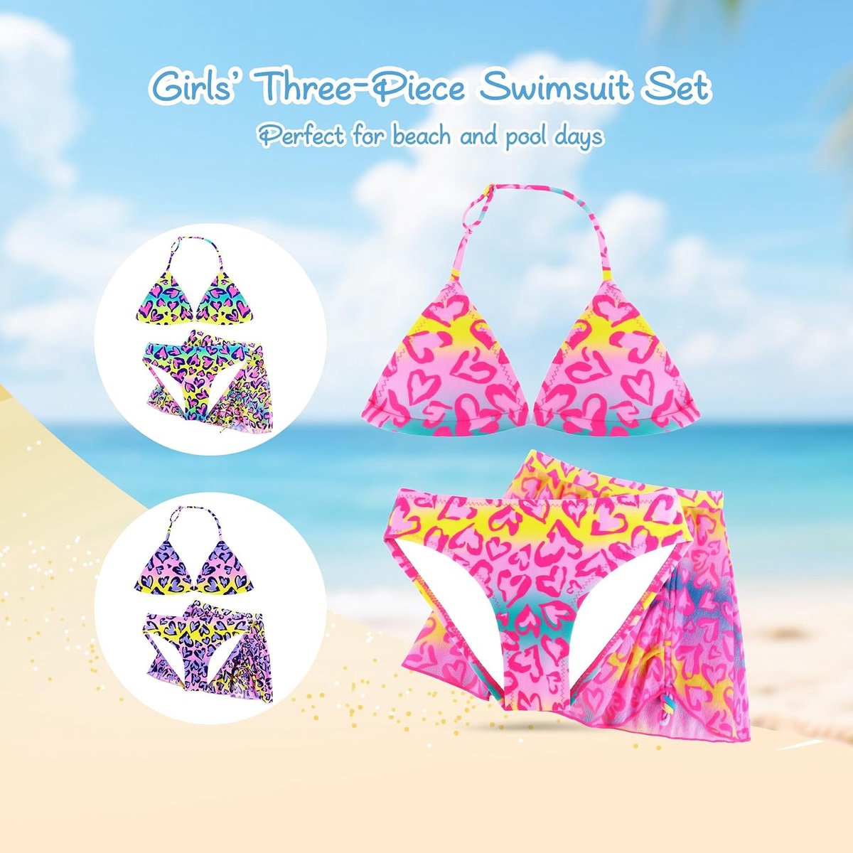 3-delige Bikini Set met Sarong Rok, Tweedelige Badkleding met Verstelbare Bandjes, Strand- en Zwemkleding voor Meisjes 4–12 Jaar