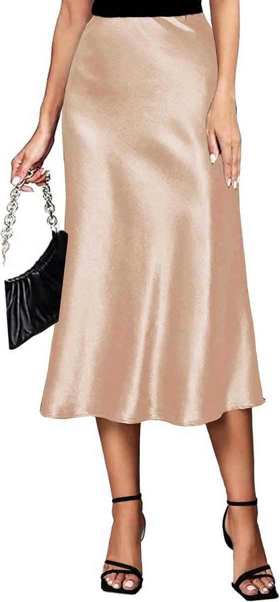 Rok voor dames, met elastische taille, hoge taille, elegant, zijde, maxi, zomer, zakelijke midi-rok