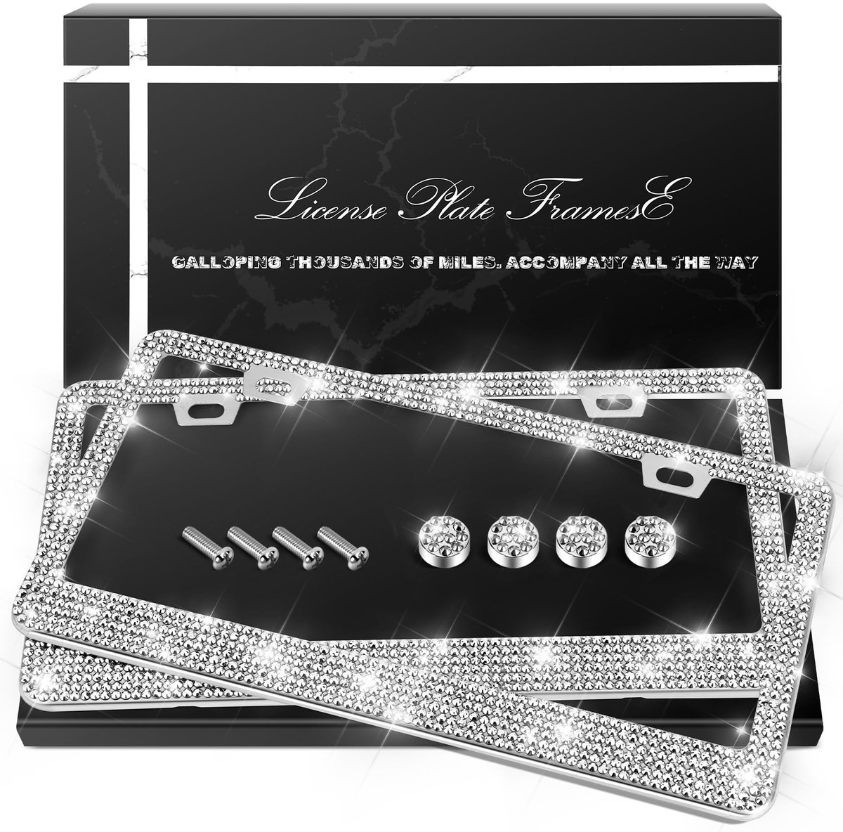 QUANQIUFEI 2 Pack Bling License Plate Frames, Sparkly Rhinestone Diamond Car License Plate Cover for Women, Stainless - ShopVlot