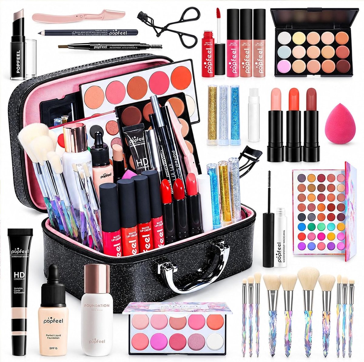 Complete Make-up Set voor Beginners met Make-up Tas, Oogschaduw Paletten, Lippenstift en Mascara voor Reizen en Feestdagen